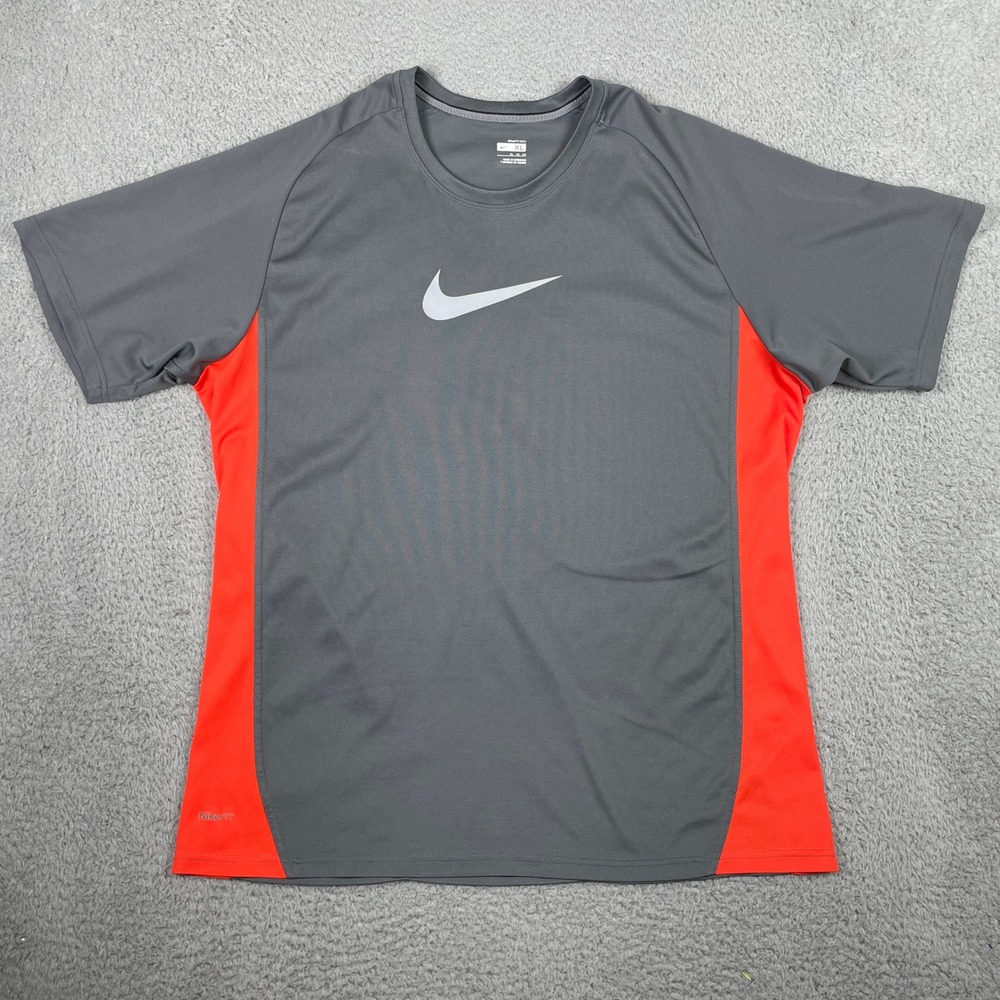 Nike Fit‎ Dry Training Shirt Mens XL Gray Orange Swoosh Gym Tee 276569-065
